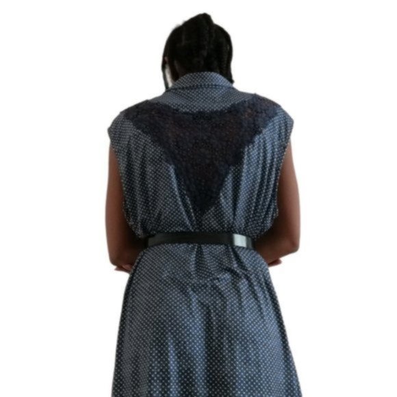 Tango Mango Blue and White Polka Dot with Floral Lace Back Midi Dress - Picture 15 of 17